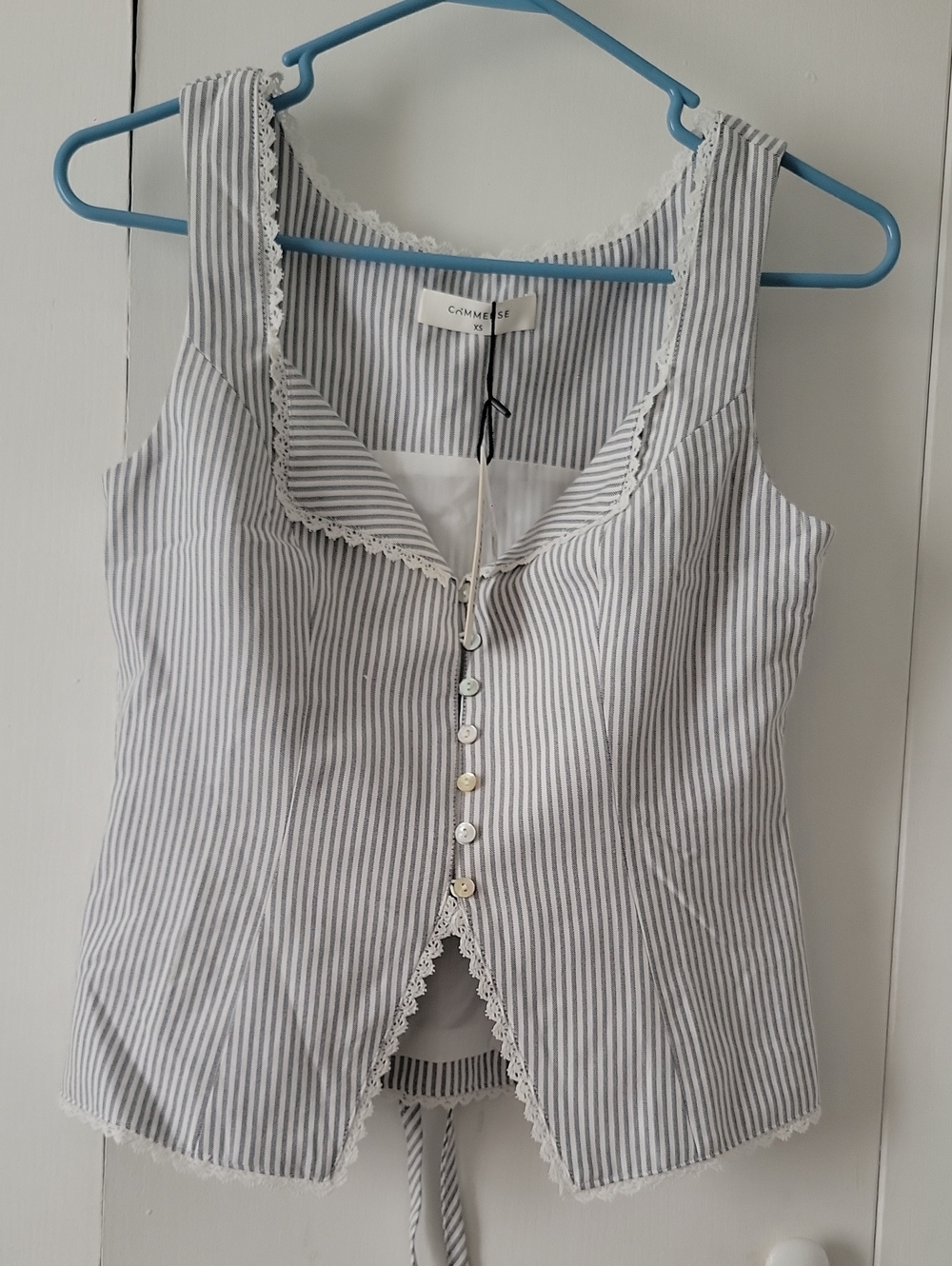 Commense Striped Lace-Trim Camisole in White and Gray